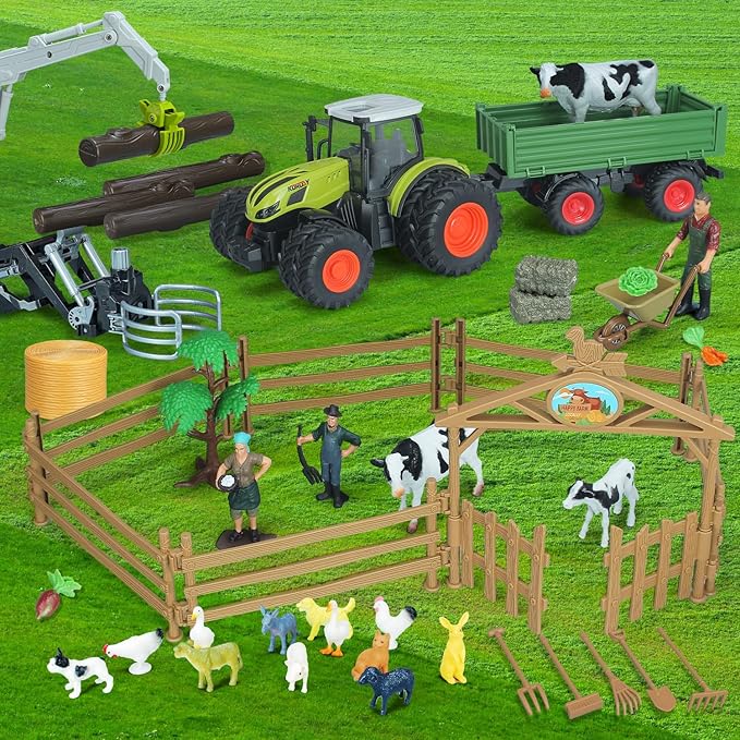 46Pcs Farm Toys, Tractor Toy w/Lights & Sound, Farm Animals Toys for 3 4 5 6 7 8+ Year Old Toddler Girls Boys Kid, Figures Farmer Vehicle Truck Fence Farm Playset Educational Learning Toys