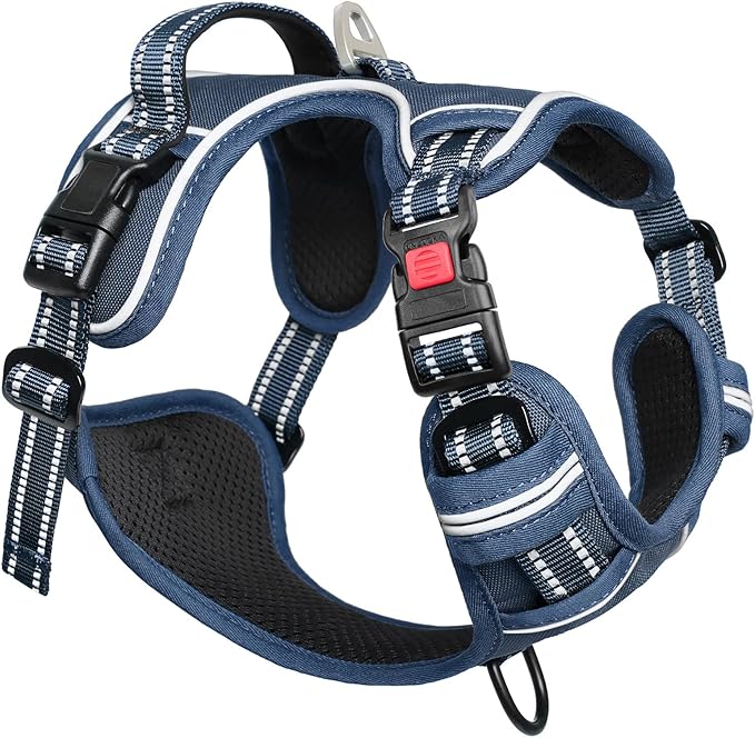 Timos Dog Harness Medium Sized, No Pull Pet Harness with Neck Lockable Snap,No Choke Front Clip Dog Reflective Vest,Adjustable Metal Rings 3 Buckles,Easy Control Handle for Medium Dogs Royal Blue M