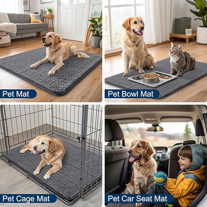Smiry Dog Door Mat for Muddy Paws 48x30, Absorbs Moisture and Dirt Doormat, Non-Slip Washable Quick Dry Chenille Front Door Mat Indoor Entrance, Entryway Carpet for Inside Floor, Dark Grey