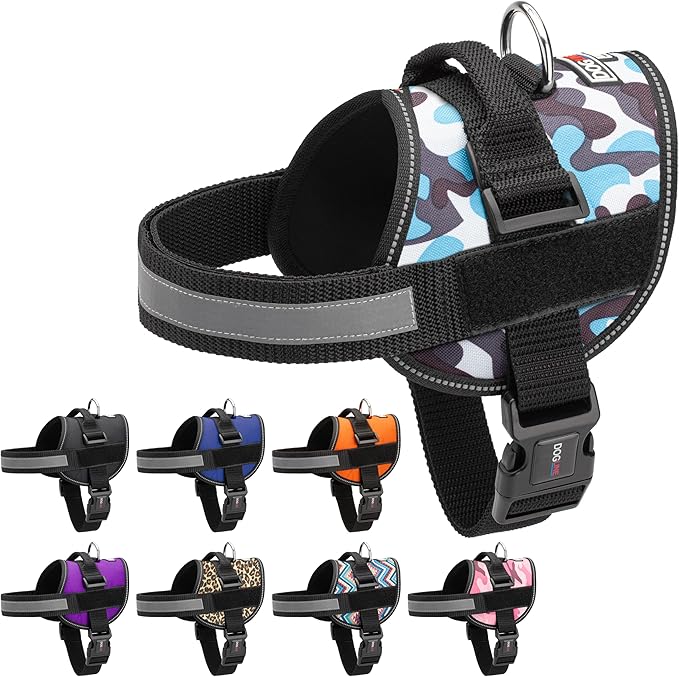 Dogline Dog Harness, Reflective No-Pull Adjustable Vest with Handle for Walking, Training, Breathable, No - Choke Harness for Small, Medium or Large Dogs Room for Patches Girth 27 to 34 in Blue Camo