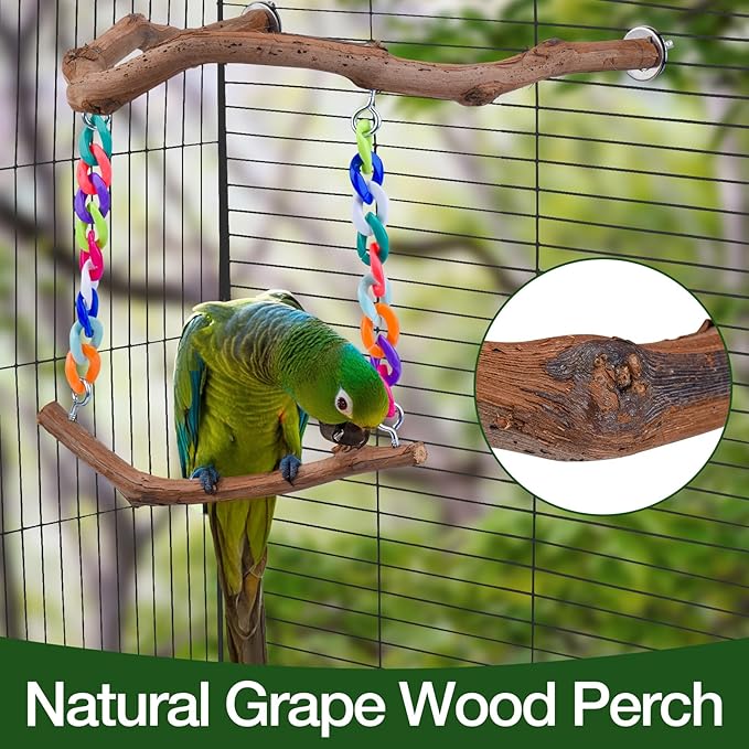 Bird Swing Toys, Standing Bird Perch with Natural Grape Wood, U Shape Hangable Birdcage Accessories, Birds Chewing Toy for Budgerigars, Parakeets, Cockatiels, Conures, Lovebirds, Finches (2Pack)