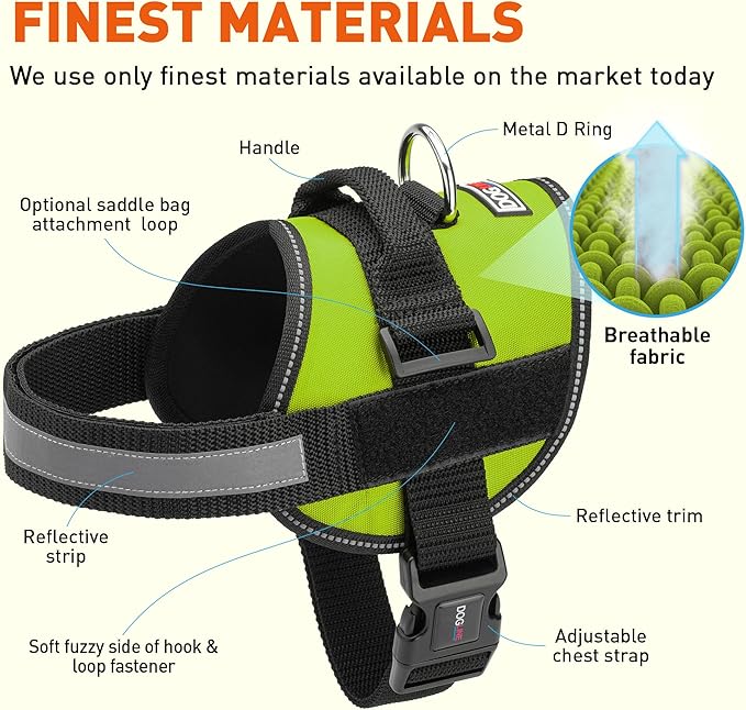 Dogline Dog Harness, Reflective No-Pull Adjustable Vest with Handle for Walking, Training, Breathable, No - Choke Harness for Small, Medium or Large Dogs Room for Patches Girth 18 to 24 in Lime Green