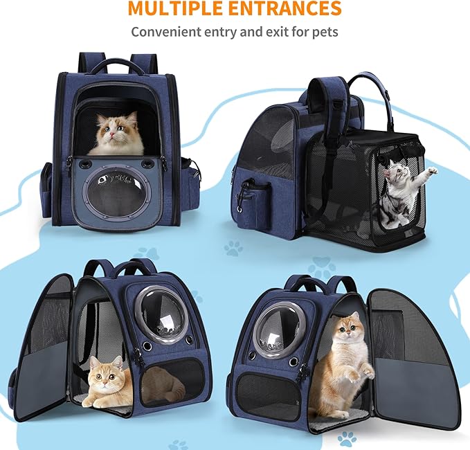 Extension Cat Carrier Backpack with Transparent Bubble Window,Dogs Backpack Carrier with Breathable Mesh Travel Bag, Portable Space Capsule Design with Foldable for Pets (Blue)