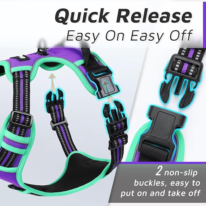 Eagloo Dog Harness for Large Dogs, No Pull Service Vest with Reflective Strips and Control Handle, Adjustable and Comfortable for Walking, No Choke Harness with 2 Metal Rings, Purple & Green, M