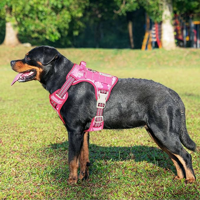 Heavy Duty Tactical Dog Harness for Large Dogs, No Pull Adjustable Pet Harness Reflective Service Training Easy Control Pet Vest Military K9 Working Dog Harnesses-X- Large, Pink Camo