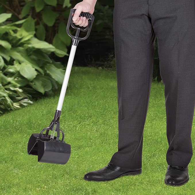 Pet Pooper Scooper - Plastic and Aluminum Cat and Dog Poop Grabber with Long Handle - Enables One-Handed Use on Concrete and Grass by PETMAKER (Black)