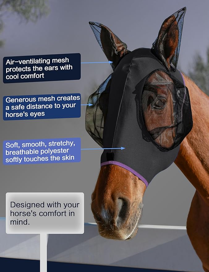 Horse Fly Mask with Ears, UV Protection for Horses, Elasticity with Big Mesh Eye Covers, Snug Fitting Comfortable Breathable Lightweight for Horses Black Cob