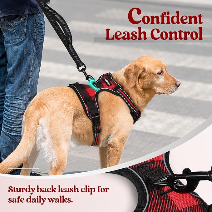 rabbitgoo Dog Harness No Pull with 2 Leash Clips, Adjustable Soft Padded, Reflective Oxford No Choke Pet Vest with Easy Control Handle for Large Dogs, Red Plaid, L