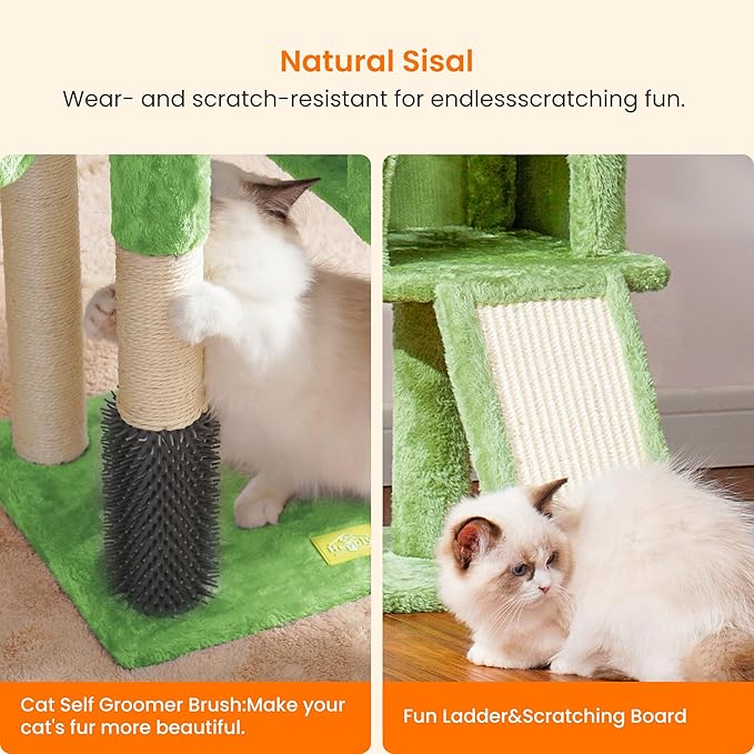Heybly Cat Tree with Cat Self Groomer Brush, Cat Tower Condo for Indoor Cats with Padded Plush Perch, Cat House with Basket Scratching Board Post, Green HCT005SGR
