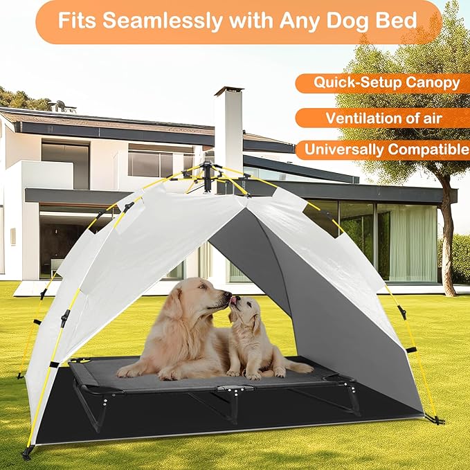 Canopy Shade Tent for Large XL XXL Jumbo Elevated Raised Dog Bed Cots, Quick Setup & No Assembly Needed, Outside Outdoor Cooling Camping Pet Sun Umbrella, Gray 70"X55" (Cots Not Included)