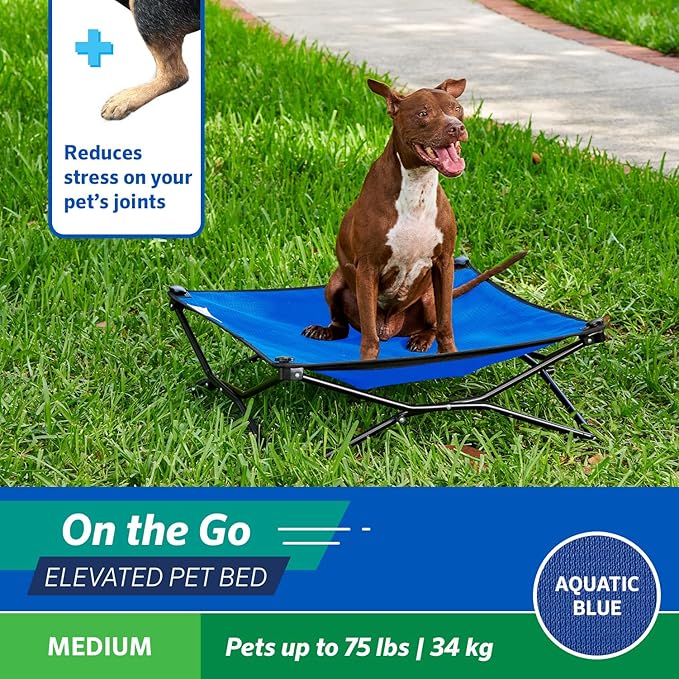 Coolaroo On-The-Go Elevated Dog Bed - Foldable Pop-Up Travel Dog Bed with Breathable, Moisture-Resistant Fabric, Carry Bag Included, Lightweight & Portable, Aquatic Blue, Medium