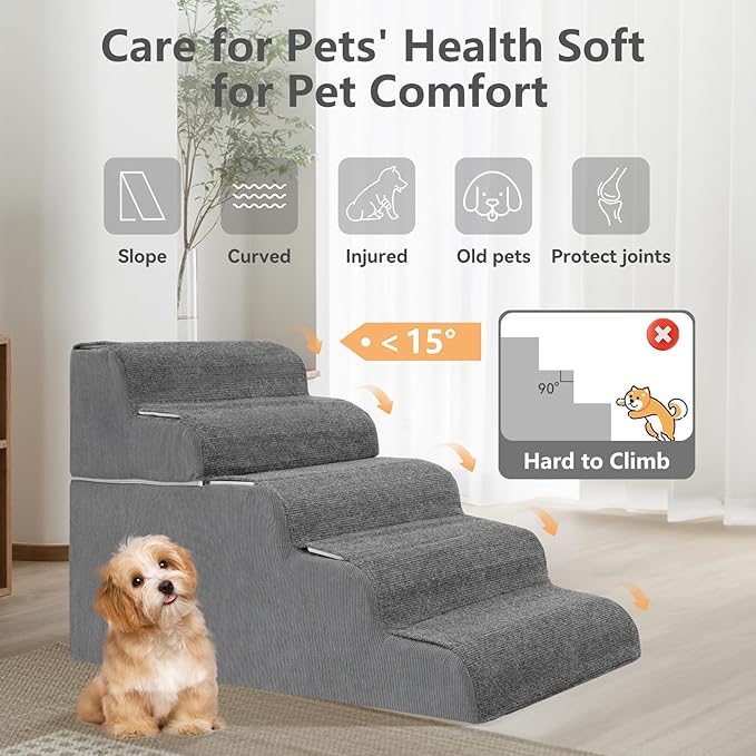 𝟱 𝗦𝘁𝗲𝗽𝘀 Dog Stairs for High Beds, 21.3" Tall Pet Steps for Small to Large Dogs & Cats, Waterproof with Removable Cover & PE Support Board for Bed, Couch, or Car