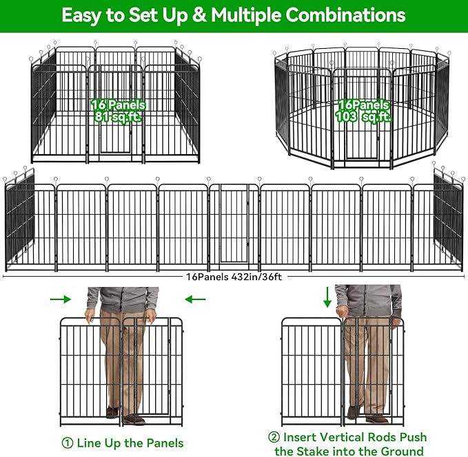 Dog Playpen Outdoor 16 Panels Heavy Duty Dog Fence 47" Height with Thick Pipe Anti-Rust with Doors Portable for RV Camping Yard, Total 36FT, 103 Sq.ft, Snowy Black