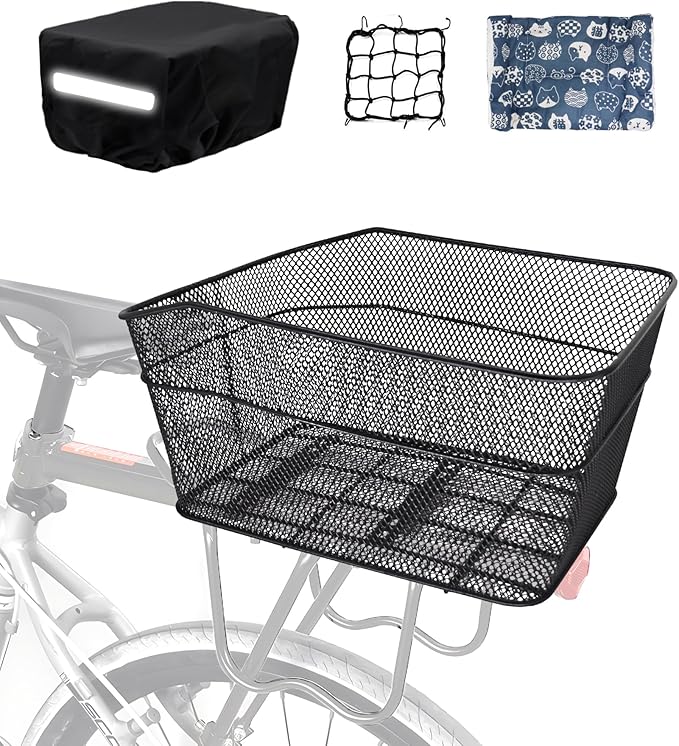 Rear Bike Basket, Tool-Free Install, Dog/Pet Carrier, Ebike Electric Bicycle Back Cargo Basket, Fits Most Rear Racks, with Waterproof Cover, Cargo Net