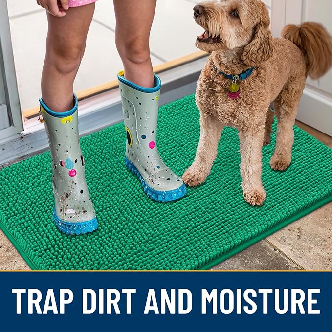 Smiry Dog Door Mat for Muddy Paws 30x20, Absorbs Moisture and Dirt Doormat, Non-Slip Washable Quick Dry Chenille Front Door Mat Indoor Entrance, Entryway Carpet for Inside Floor, Emerald Green