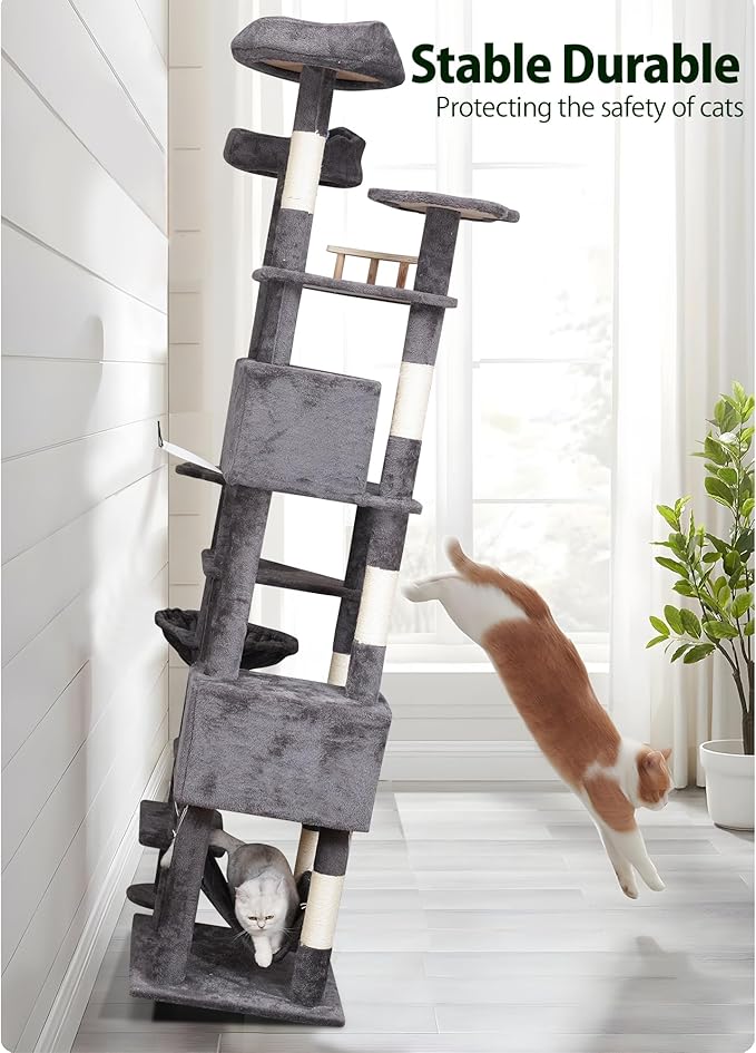 85in Giant Cat Tree for Heavy Duty Big Cats, Large Cat Trees with Scratching Post, Cat Tree Tower with Cat Condos, Hammock & Plush Perch for Maine Coon, Smoky Gray