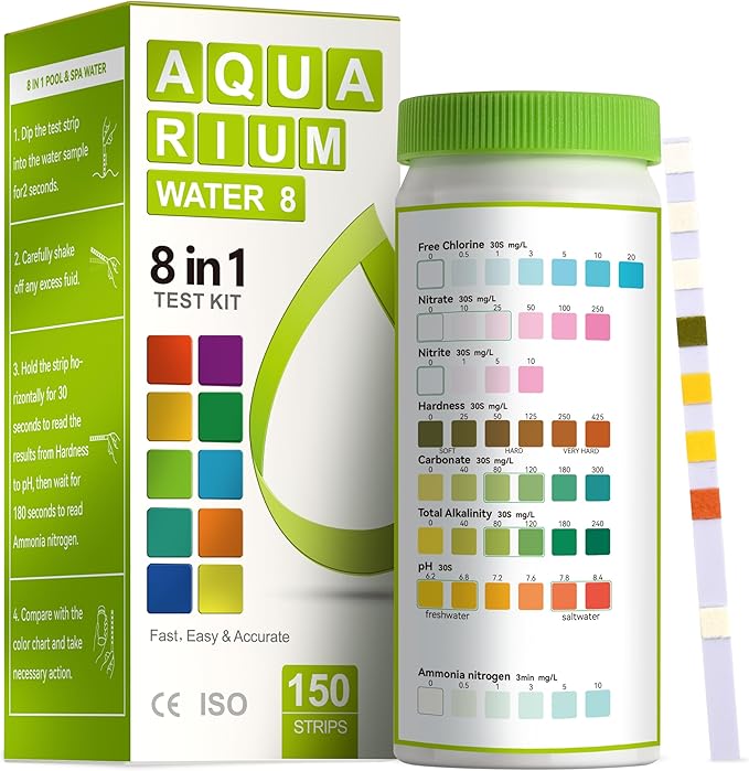 AAwipes 8-in-1 Aquarium Test Kit (150 Strips) for Freshwater & Saltwater - Quick & Accurate Water Testing for Aquariums & Ponds. Tests Free Chlorine, Hardness, pH, Ammonia Nitrogen, etc. (K02-150)