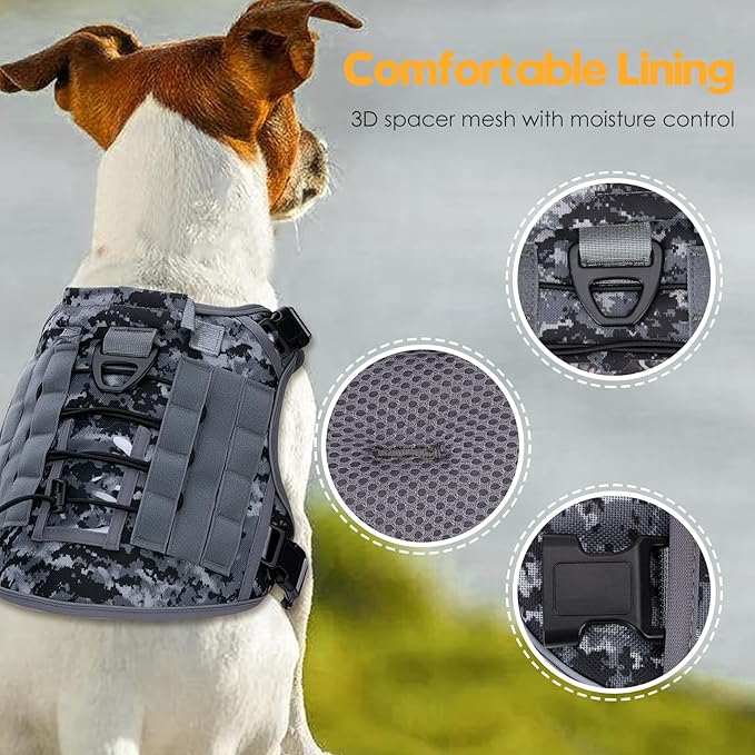Heavy-Duty Tactical Dog Harness for Large Dogs, No Pull Adjustable Reflective Pet Vest with Molle System, K9 Military-Grade Control for Service Training, Outdoor & 10+ Breeds, Gray Camo, X-Large