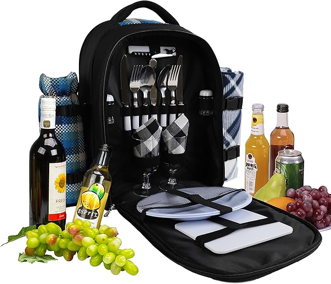 apollo walker Picnic Backpack Bag for 2 Person with Cooler Compartment, Detachable Bottle/Wine Holder, Fleece Blanket, Plates and Cutlery Set