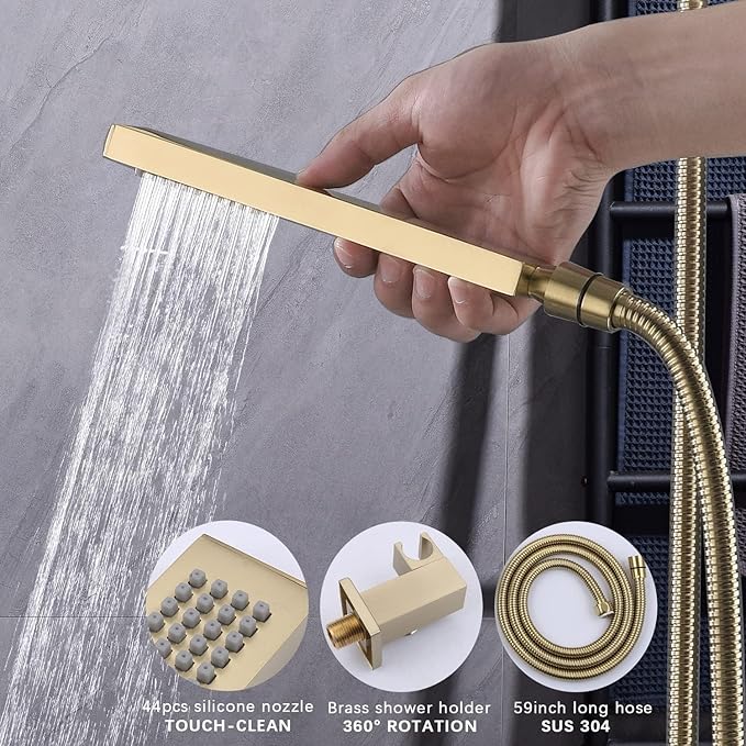 Temperature Display Brushed Gold Shower System Set, Push Button Shower Faucet with 12 inch Ceiling Mount Shower Head and 8 inch Wall Mount Shower Head, with Handheld Shower