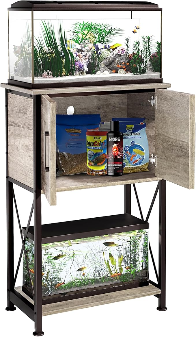 5-10 Gallon Fish Tank Stand, Metal Double Aquarium Stand with Cabinet for Fish Tank Accessories Storage, Heavy Duty 20.5" L* 11.02" W Tabletop, 500LBS Capacity Grey PG06YGZ