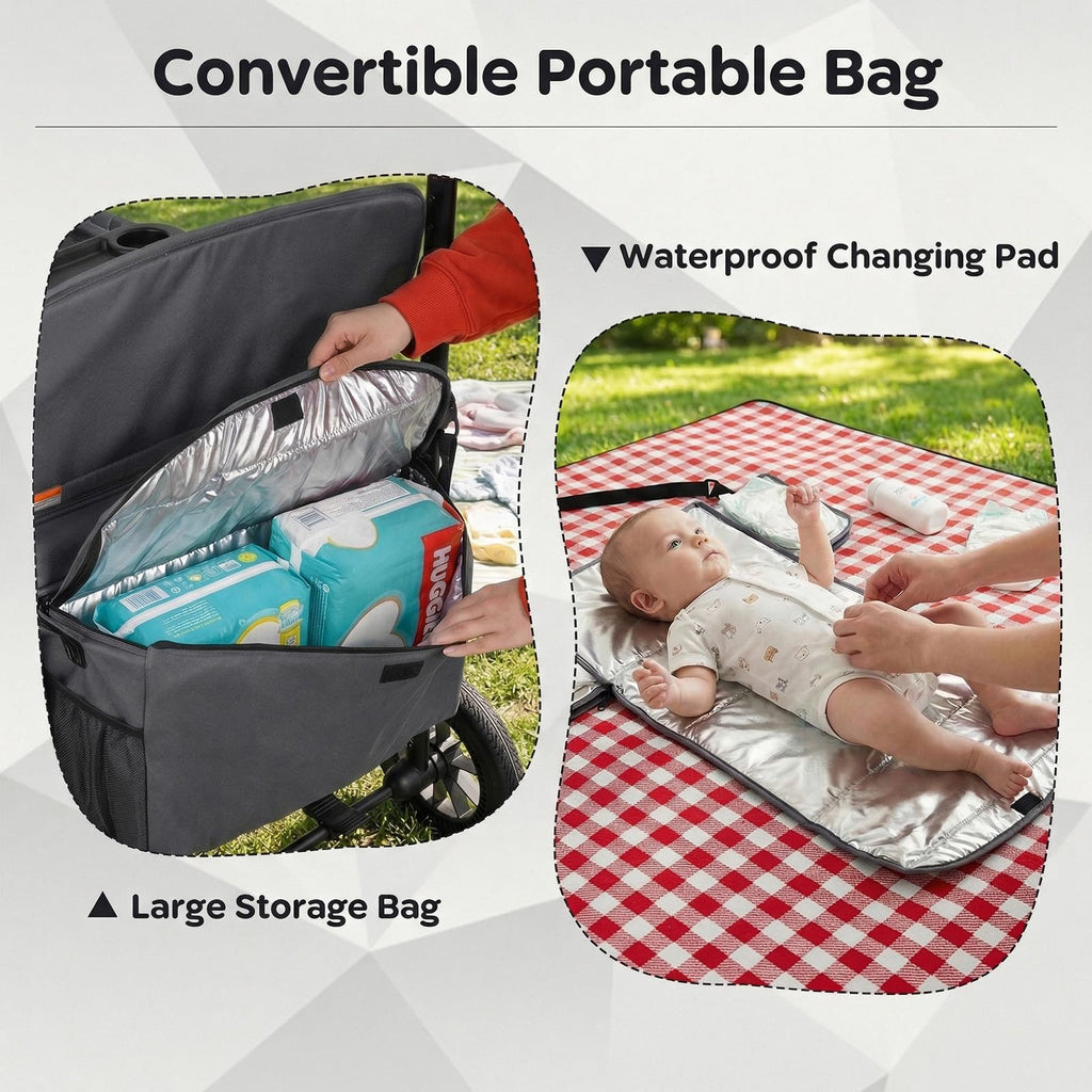 BABY JOY Wagon Stroller for 4 Kids, Foldable Stroller Wagon with Removable Canopy, Adjustable Handle, Snack Tray, Parent Organizer, 5-Point Safety Harness, Convertible Diaper Bag/Changing Pad (Black)