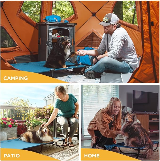 Daisy Cot, Medium Foldable Elevated Dog Bed, Portable Raised Outdoor Folding Dog Cot, Cooling, Chew Proof, Waterproof, Heavy Duty Up to 160 Lbs for Camping/Home, Dark Blue, 32"x 19"x6"