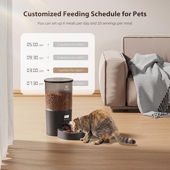 Automatic Cat Feeders, 5L Large Capacity, Timed Feeding Dry Food, Dual Power Design, Programmable Portion Size, 1-6 Meals Per Day, with Desiccant, Suitable for Small Pets Food Dispenser, Black