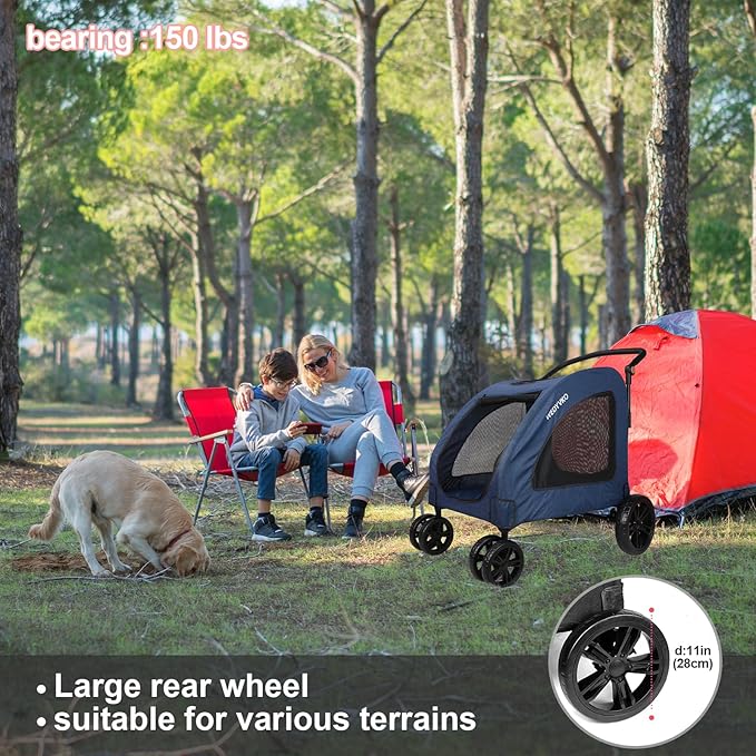 Large Dog Travel Stroller with 4 Heavy Duty Wheels Pet Stroller with Adjustable Handle - Double Doggie Capacity Jogger Wagon with Back Front Door for Small Medium Large Dogs (Navy)