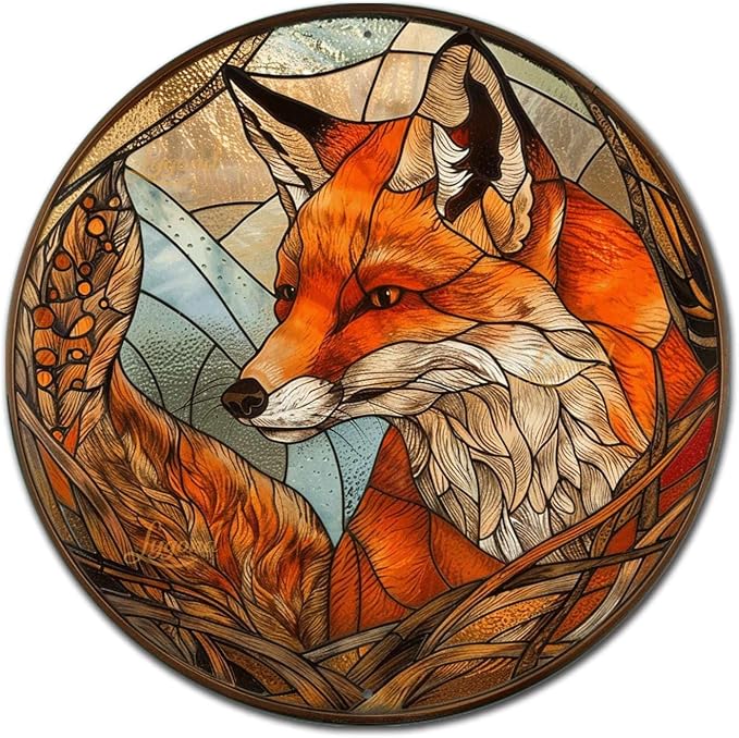 Lygond Metal Sign Tin Sign Circular Stained Glass Fox Gardening Decor Gift for Bar 8×8 Inches
