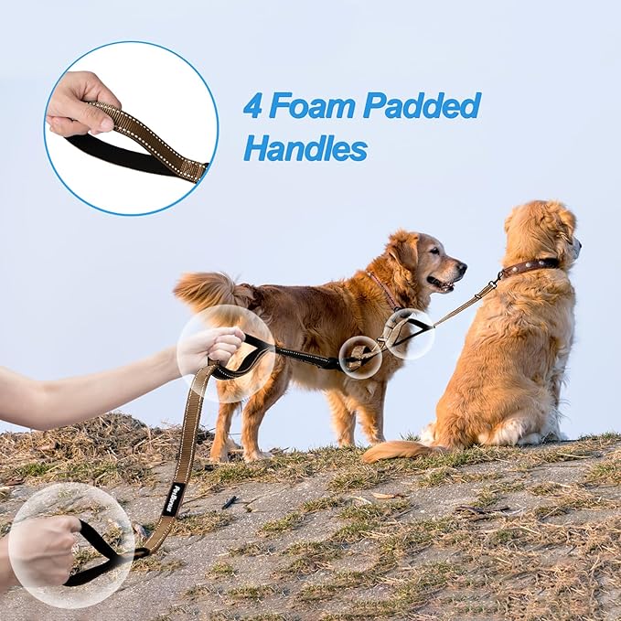 PetBonus Double Dog Leash, No Tangle Dual Leash, Reflective Walking Training Lead, 4 Comfortable Padded Handles for 2 Dogs with Collapsible Bowl and Waste Bags (Brown, Large)