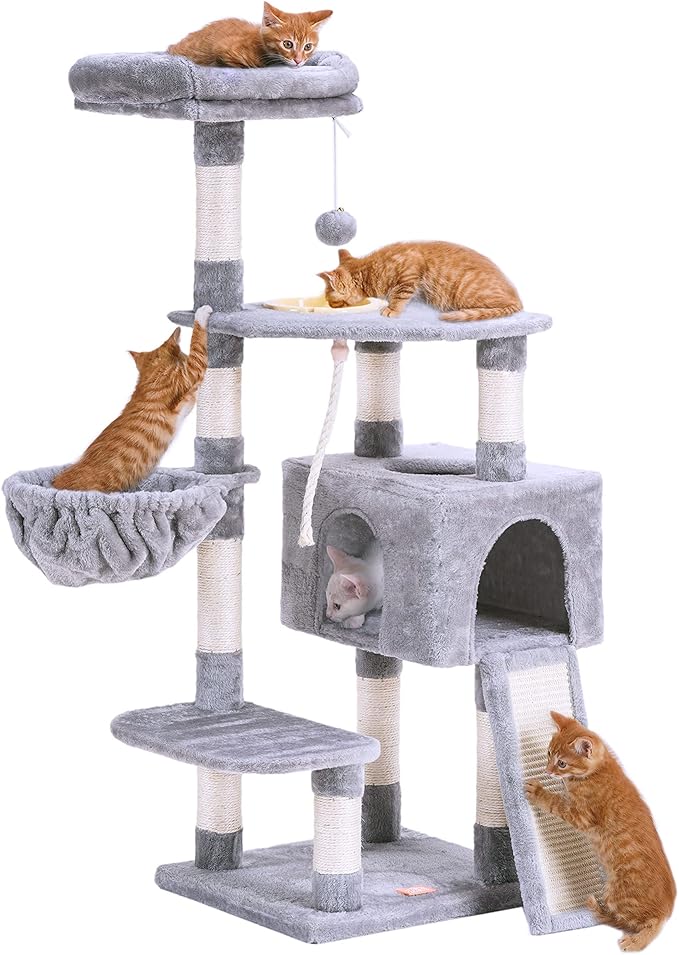 Heybly Cat Tree, Cat Tower for Indoor Cats with Scratching Board, Multi-Level Cat Furniture Condo with Feeding Bowl, Light Gray HCT010W