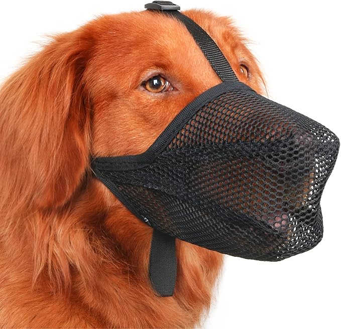 Mayerzon Dog Muzzle, Patented Soft Mesh Muzzle for Small Medium Large Dogs for Scavenging Biting Licking and Chewing, Allows to Pant and Drink (S, Black)