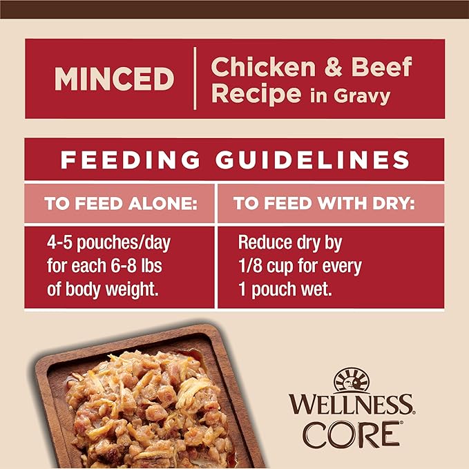 Wellness CORE Tiny Tasters Minced Adult Wet Cat Food, Natural, Protein-Rich, Grain Free, 1.75-Ounce Pouch, 12 Pack, (Chicken & Beef)