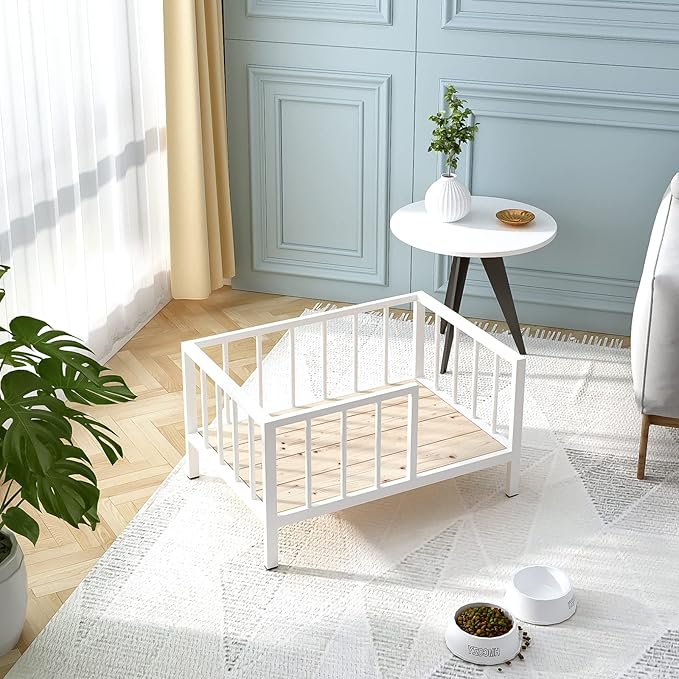 Dog Bed with Rails - Elevated Pet Metal Bed Frame with Solid Wood Board and Washable Soft Mat for Small Dog Indoor or Outdoor Use, 21.3" x 30 ", White