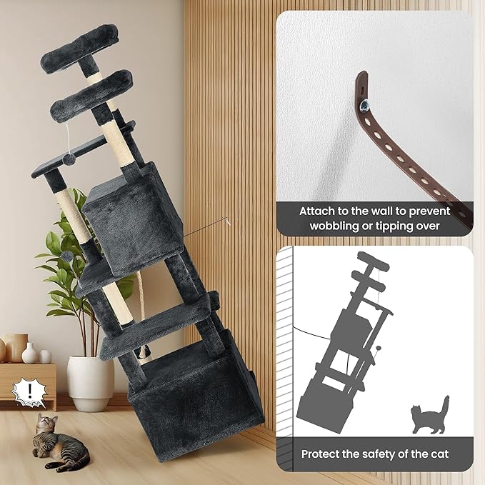 69in Large Cat Tree Tower for Indoor Cats with Soft Plush Hang Ball, Two Condos, Sisal Scratch Posts & Rope Play for Kittens/Adult Cats, Deep Grey