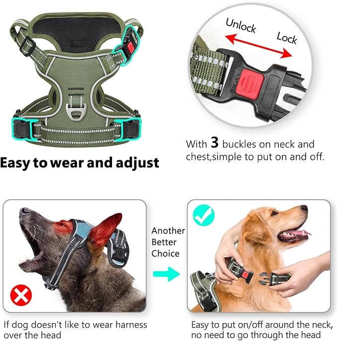 Timos Dog Harness Medium Sized, No Pull Pet Harness with Neck Lockable Snap,No Choke Front Clip Dog Reflective Vest,Adjustable Metal Rings 3 Buckles,Easy Control Handle for Medium Dogs Green M
