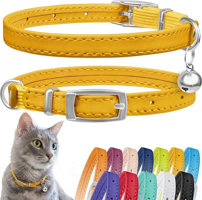 CollarDirect Leather Cat Collar with Bell - Kitten Collar, Small and Big Cat Strap for Boy Cats, Girl Cats with Safety Elastic Strap (Neck Fit 6"-7", Yellow)