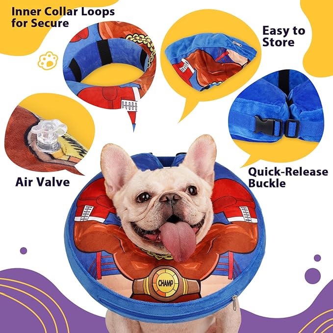 Crazy Felix Crazy Felix Soft Donut Cone for Dogs to Stop Licking, Bulldog Recovery Collar After Surgery Inflatable Cone Alternative for Small Medium Large Dogs, Elizabethan Collar with Boxer Pattern