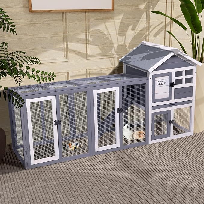 GEGURI Large Rabbit Hutch Indoor Outdoor Chicken Coop Wooden Bunny Cage with Waterproof Roof