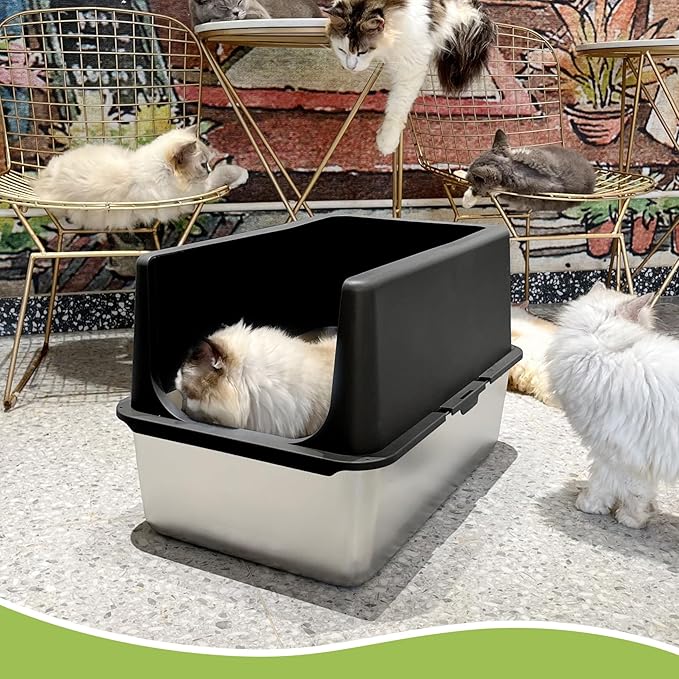 Stainless Steel Litter Box, Large Litter Box with Lid, Splash Proof, or Rusts, Black (23.5" L x 15.5" W x 14" H)