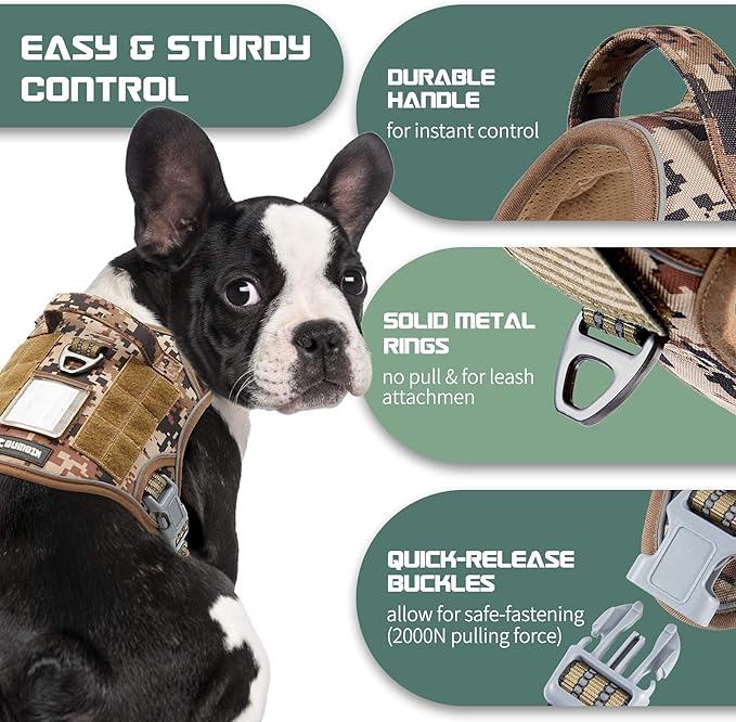BUMBIN Tactical Dog Harness for Small Dogs No Pull, Famous TIK Tok No Pull Puppy Harness, Fit Smart Reflective Pet Walking Harness for Training, Adjustable Dog Vest Harness with Handle Desert Camo S