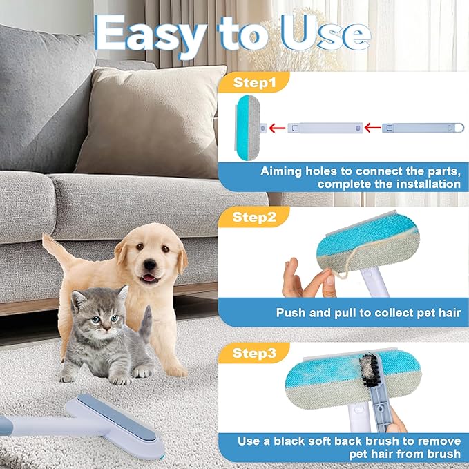 Pet Hair Removal Tool, 4 in 1 Reusable Washable Lint Brush for Cat and Dog Hair Remover, Gentle on Furniture with Extra Long Handle for Couch, Carpet, Clothing, Bedding, Car, Window