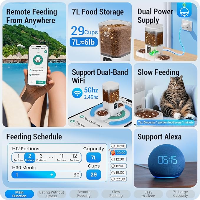 Automatic Cat Feeders 2 Cat with Slow Feed: Dual Automatic Dog Feeder with 5G WiFi, cat Food Dispenser with Alexa for Multiple Pets, Detachable for Easy Clean - 29 Cup（7L Large Capacity）