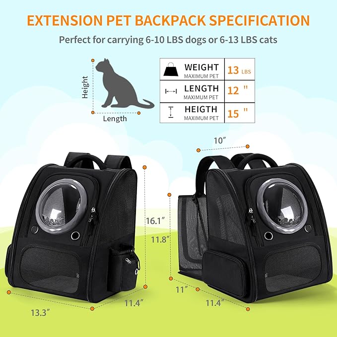 Expandable Pet Carrier Backpack with Transparent Bubble Window, Gray Mesh Travel Bag, Portable Space Capsule Design with Foldable Dogs Carrier for Pets (Black)