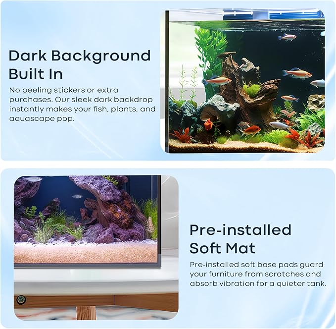 10 Gallon Glass Fish Tank, Aquarium Fish Bowl Cube for Betta Goldfish Snails Shrimp Aquatic Planting, Easy to Maintain Ultra Clear Rimless Dark Background Low Iron