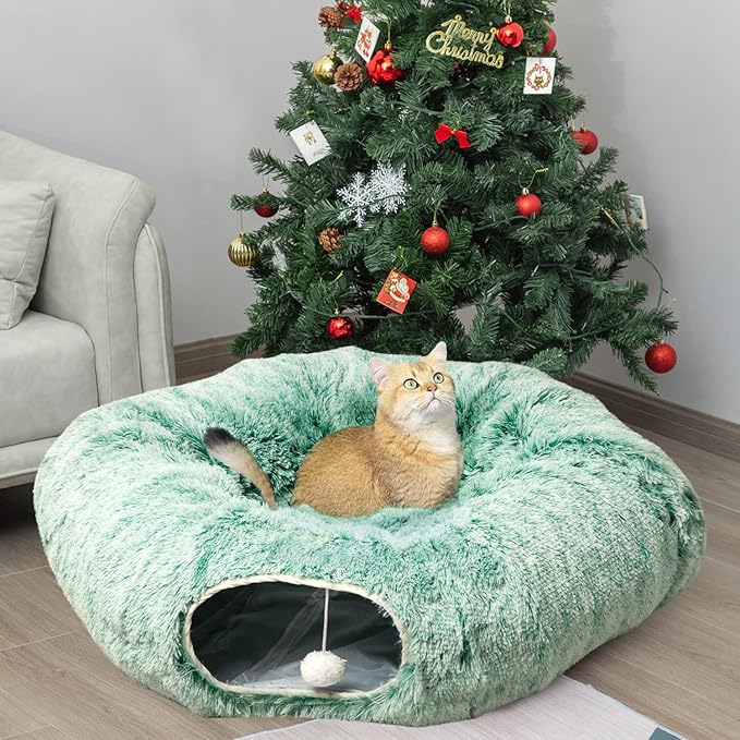 AUOON Cat Tunnel Bed for Indoor Cats - Circle Peekaboo Cat Cave with Washable Mat for Indoor Cats Kitten Kitty Puppy Rabbit Ferret (Green)