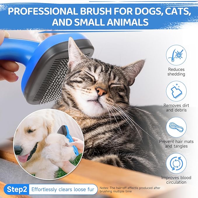 Dog Brush Kit – 3 PCS Grooming Set with Self-Cleaning Brush, Undercoat Rake & Pet Bath Brush. Great for Shedding, Tangles & Dirt Removal – Ideal for Long & Short Haired Dogs & Cats, Blue