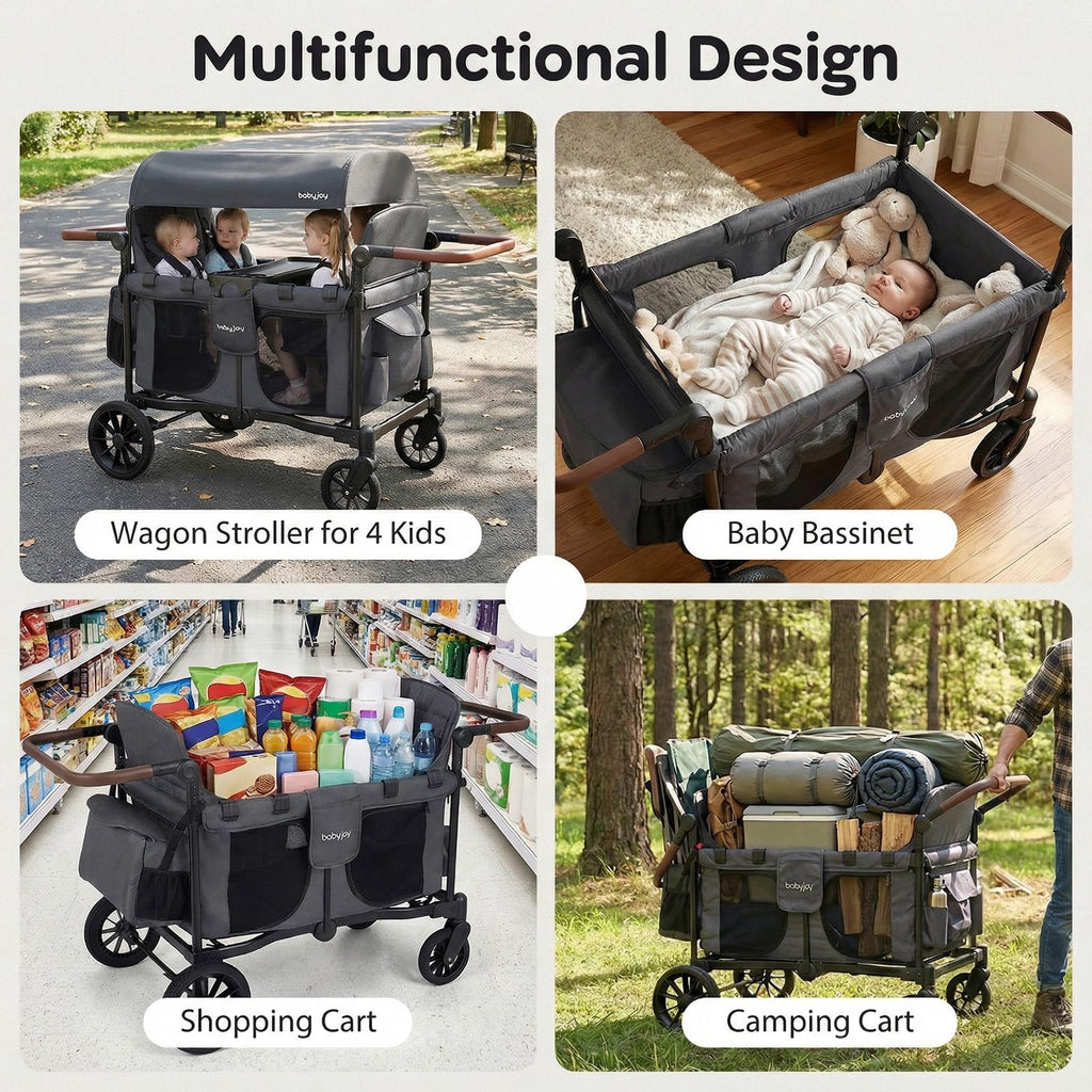 BABY JOY Wagon Stroller for 4 Kids, Foldable Stroller Wagon with Removable Canopy, Adjustable Handle, Snack Tray, Parent Organizer, 5-Point Safety Harness, Convertible Diaper Bag/Changing Pad (Black)