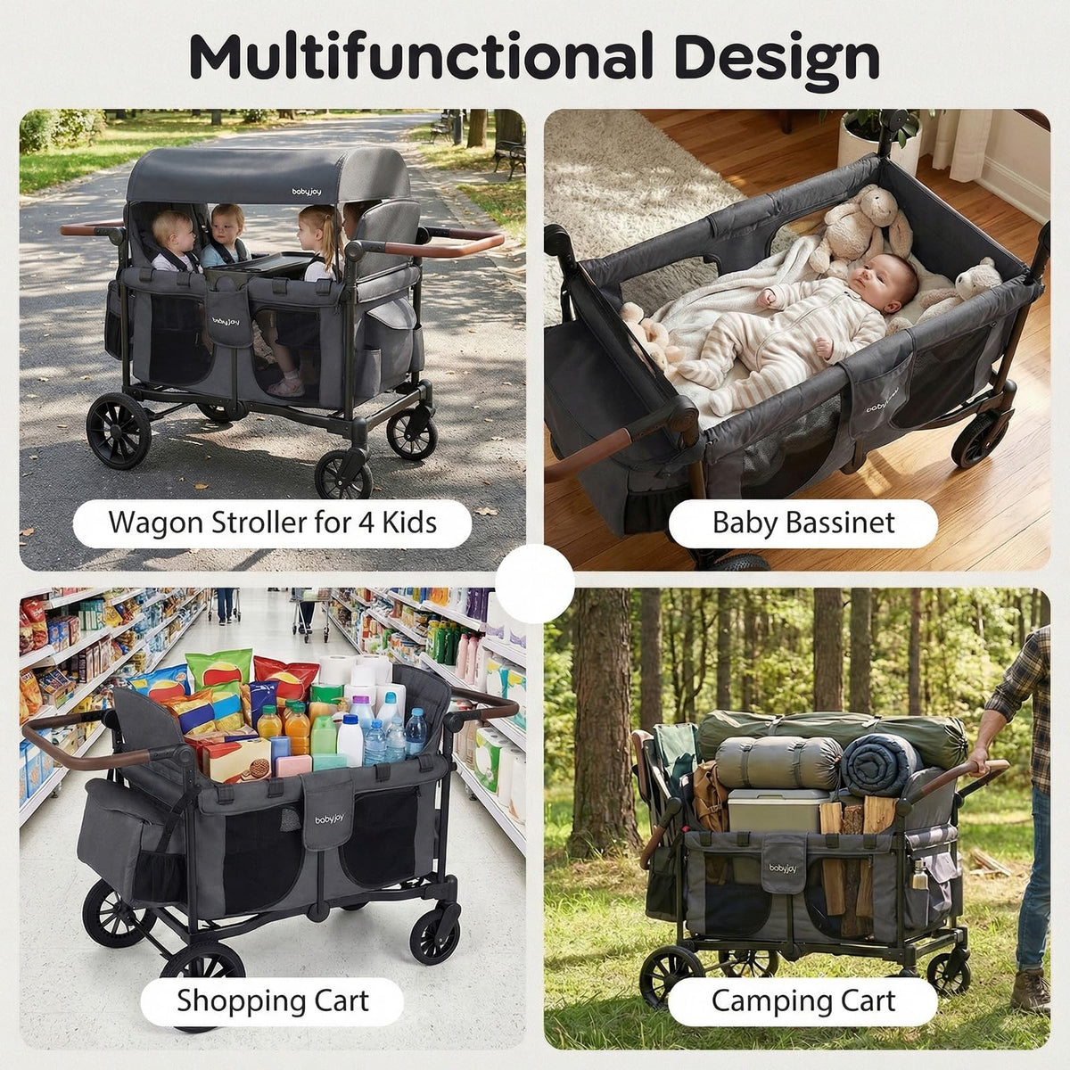BABY JOY Wagon Stroller for 4 Kids, Foldable Stroller Wagon with Removable Canopy, Adjustable Handle, Snack Tray, Parent Organizer, 5-Point Safety Harness, Convertible Diaper Bag/Changing Pad (Black)
